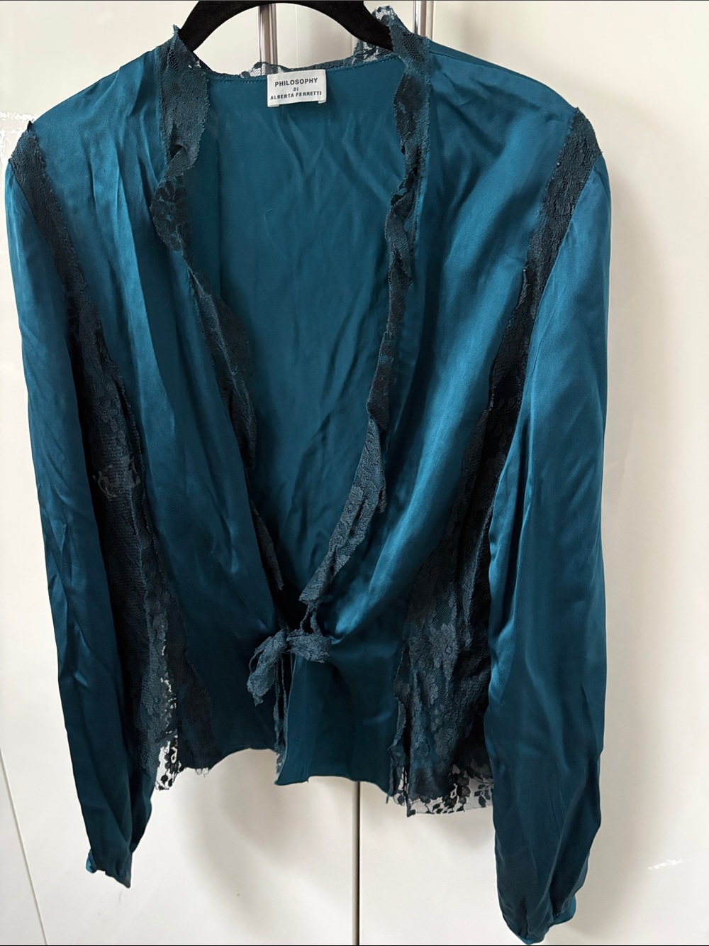 Philosophy Di Alberta Ferretti Teal Silk Lace-Trim Tie-Front Top 10